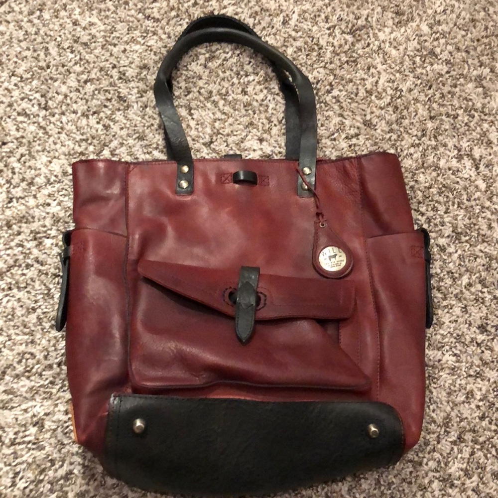 Will Leather Goods Red Brown Leather Shoulder Tote with Black Trim